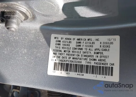 2016 Honda Accord Sport from USA, damaged, VIN 1HGCR2F53GA052858